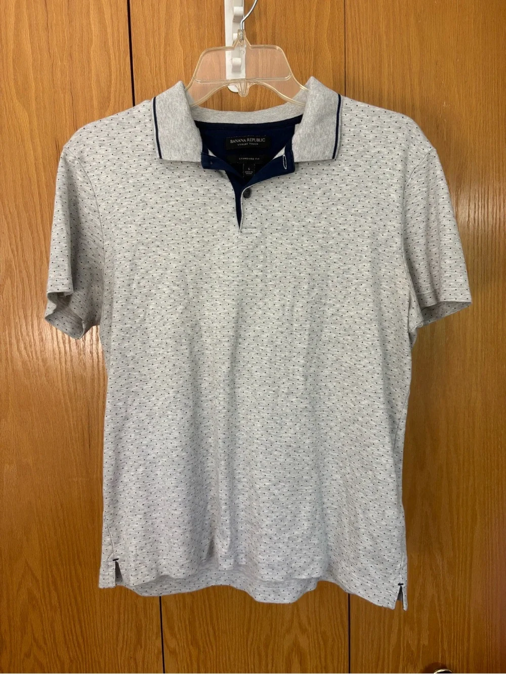 BANANA REPUBLIC Luxury Touch Mens Light Grey Blue Dots Polo Standard Fit Size S